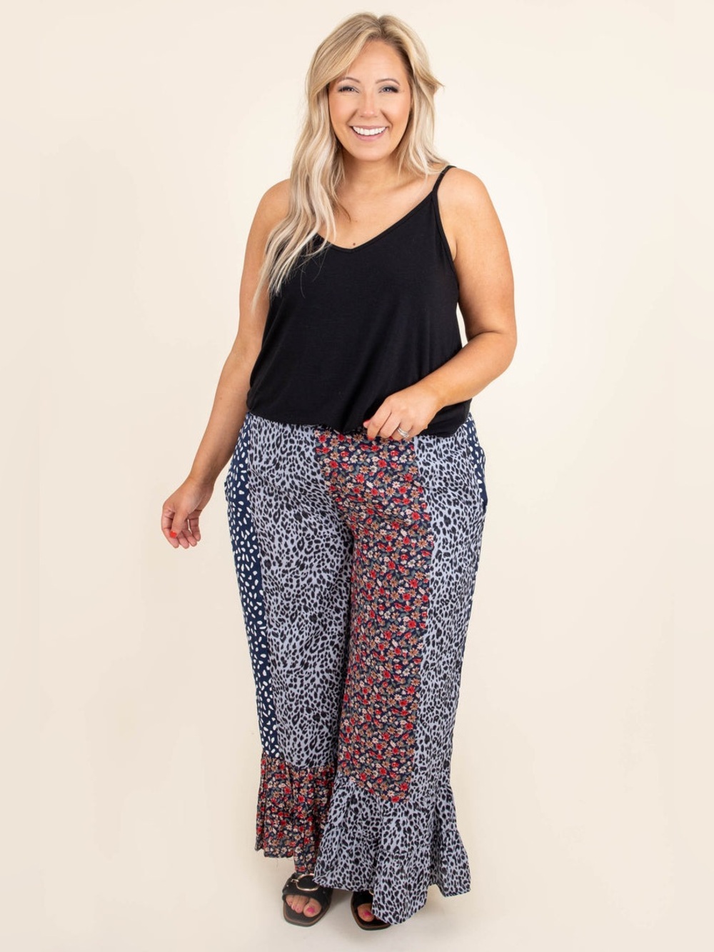 Umgee+ Flowy Floral Animal Print Patchwork Pants Sz XL